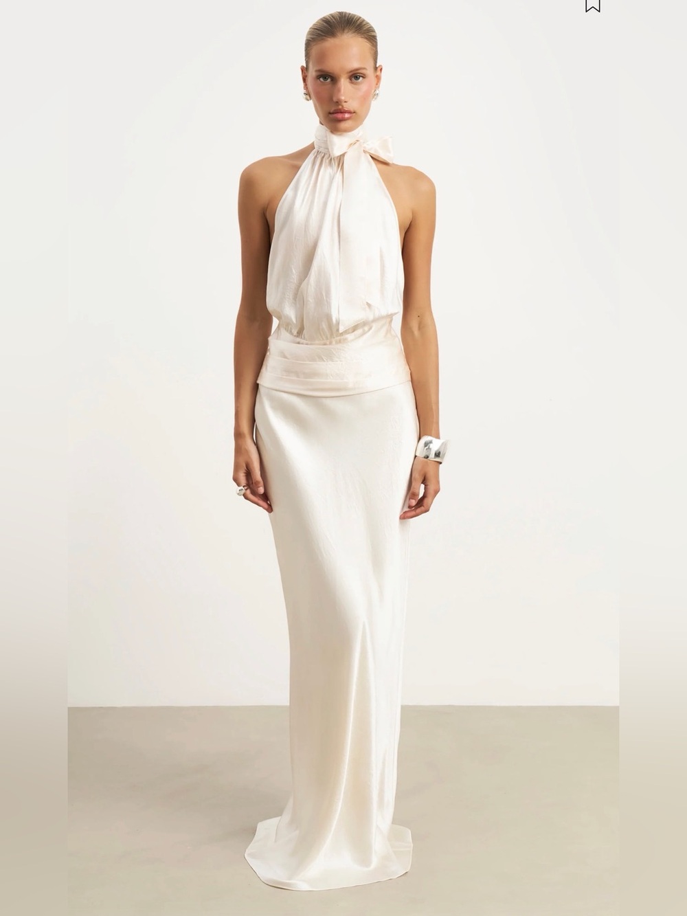 BOA Crushed Satin Backless Halter Top and Maxi Skirt in Champagne